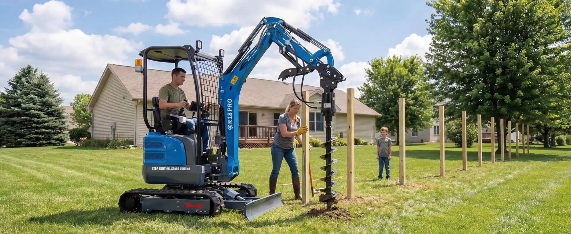 RIPPA R18 PRO mini excavator with an auger drilling fence post holes