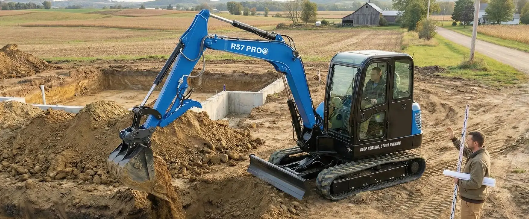 RIPPA R57 PRO excavator with an enclosed cab digging a foundation on a farm property