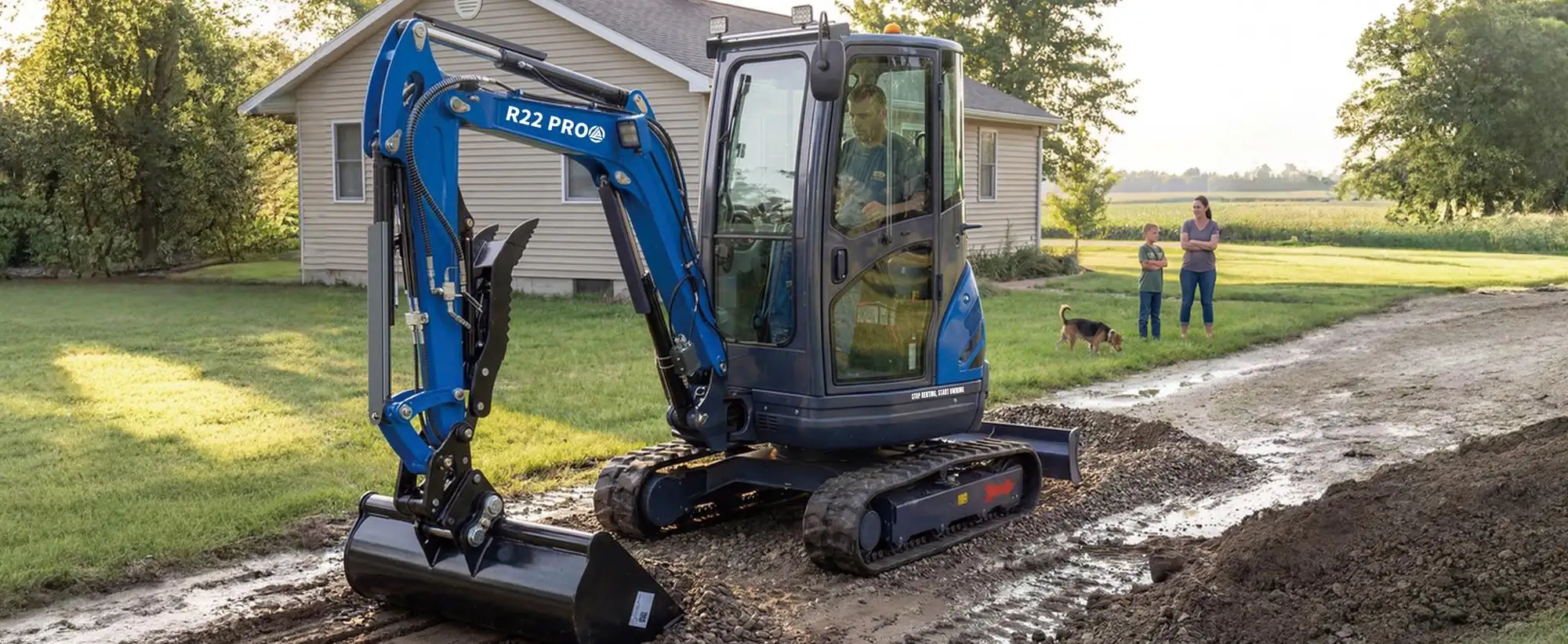 RIPPA R22 PRO mini excavator with an enclosed cab spreading gravel on a driveway beside a farmhouse