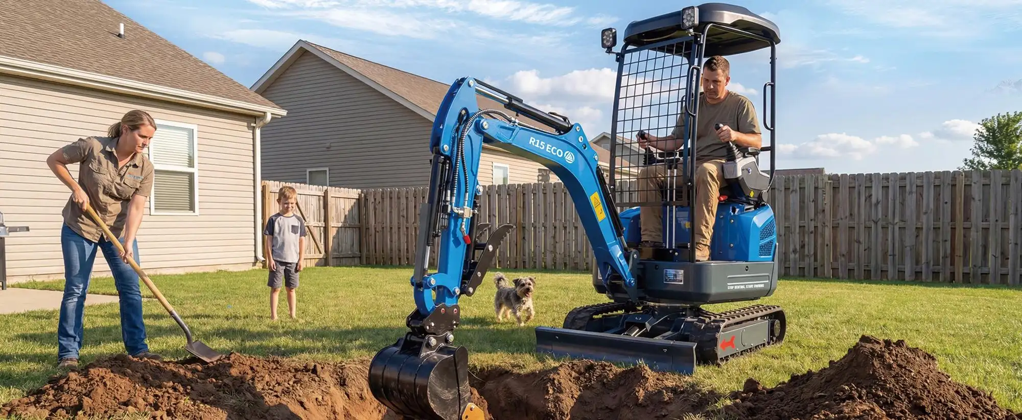 RIPPA R15 ECO mini excavator with a canopy digging a trench in a backyard